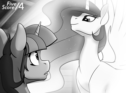 Size: 1280x946 | Tagged: safe, artist:tf-sential, character:princess celestia, character:twilight sparkle, character:twilight sparkle (alicorn), species:alicorn, species:pony, fanfic:five score divided by four, g4, fanfic art, female, glow, grayscale, looking down, mare, monochrome, spread wings, wings