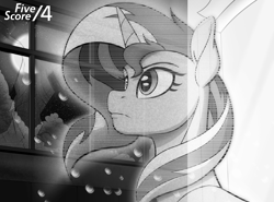 Size: 1280x946 | Tagged: safe, artist:tf-sential, character:sunset shimmer, species:pony, species:unicorn, fanfic:five score divided by four, g4, fanfic art, grayscale, hologram, monochrome, night, solo, statue