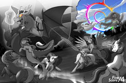Size: 2686x1760 | Tagged: safe, artist:tf-sential, character:applejack, character:big mcintosh, character:discord, character:fluttershy, character:pinkie pie, character:rainbow dash, character:rarity, character:shining armor, character:twilight sparkle, character:twilight sparkle (alicorn), species:alicorn, species:draconequus, species:earth pony, species:pegasus, species:pony, species:unicorn, fanfic:five score divided by four, g4, my little pony: friendship is magic, angry, applejack's hat, blood, clothing, cowboy hat, epic, fanfic art, female, fight, flying, glare, glowing horn, grayscale, gritted teeth, hat, high res, holding, horn, injured, magic, magic aura, male, mane six, mare, medkit, messy mane, messy tail, monochrome, mouth hold, neo noir, nosebleed, one eye closed, open mouth, partial color, raised hoof, rear view, rearing, riding, rope, ruins, sonic rainboom, spread wings, stallion, tattered, tattered wings, telekinesis, tongue out, trail, underhoof, windswept mane, wings