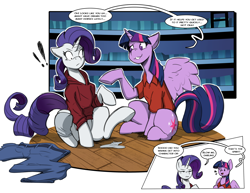 Size: 2560x1978 | Tagged: safe, artist:helixjack, artist:tf-sential, character:rarity, character:twilight sparkle, character:twilight sparkle (alicorn), oc, oc:acesential, oc:helixjack, species:alicorn, species:pony, g4, clothing, collaboration, comic, dialogue, duo, female, implied transformation, pants, polo shirt, sitting, smiling, smirk, surprised, transformation, transgender transformation