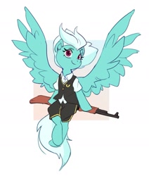 Size: 1517x1787 | Tagged: safe, artist:luciferamon, character:fleetfoot, species:pegasus, species:pony, g4, ear fluff, female, gun, mare, rifle, sitting, solo, spread wings, weapon, wings