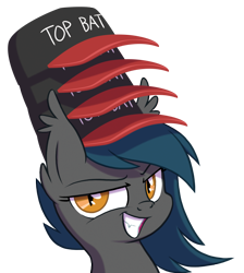Size: 987x1101 | Tagged: safe, artist:equestria-prevails, oc, oc only, oc:speck, species:bat pony, species:pony, baseball cap, clothing, female, grin, hat, hatception, looking at you, mare, pile, simple background, solo, top bat, top gun, top gun hat, towering pillar of hats, transparent background
