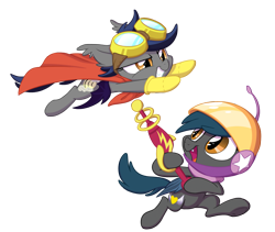 Size: 2092x1763 | Tagged: safe, artist:equestria-prevails, oc, oc only, oc:echo, oc:speck, species:bat pony, species:pony, cape, clothing, filly, goggles, gun, helmet, simple background, transparent background