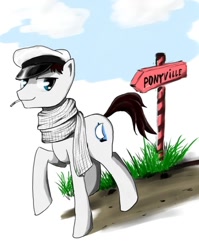 Size: 450x566 | Tagged: safe, artist:madhotaru, species:pony, clothing, hat, looking at you, male, mouth hold, ostap bender, ponified, scarf, soviet, stallion, the twelve chairs