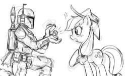 Size: 1345x817 | Tagged: safe, artist:herny, character:applejack, species:human, blushing, boba fett, bobajack, crossover, crossover shipping, female, male, marriage proposal, monochrome, ring, shipping, star wars, straight