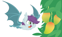 Size: 1524x908 | Tagged: safe, artist:equestria-prevails, oc, oc only, oc:moon moon, species:bat, cute, eyes on the prize, flying, fruit bat, mango, open mouth, simple background, smiling, solo, species swap, spread wings, tongue out, transparent background, wings
