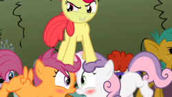 Size: 1280x720 | Tagged: safe, artist:dtkraus, edit, edited screencap, screencap, character:apple bloom, character:diamond tiara, character:scootaloo, character:silver spoon, character:snails, character:snips, character:sweetie belle, character:twist, species:pegasus, species:pony, ship:scootabelle, episode:the return of harmony, g4, my little pony: friendship is magic, blushing, female, lesbian, nose wrinkle, now kiss, scrunchy face, shipper on deck, shipping