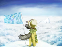 Size: 1930x1466 | Tagged: safe, artist:anticular, character:daring do, species:pegasus, species:pony, adventure, back, female, flag, mare, mountain, rear view, snow, solo, windswept mane