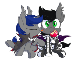 Size: 2000x1668 | Tagged: safe, artist:equestria-prevails, oc, oc only, oc:aux, oc:hekesuh, species:bat pony, species:pony, apple, clothing, colt, costume, cute, dracula, gay, licking, male, nightmare night costume, shipping, simple background, skeleton costume, transparent background, trap, younger