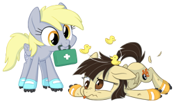 Size: 2319x1389 | Tagged: safe, artist:equestria-prevails, character:derpy hooves, character:wild fire, species:duck, species:pegasus, species:pony, blep, circling stars, crash, cute, derpabetes, feather, filly, first aid, floppy ears, frown, injured, mouth hold, nose wrinkle, prone, roller skates, rubber duck, scrunchy face, sibsy, simple background, skates, smiling, tongue out, transparent background, vector, younger