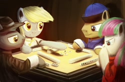 Size: 1332x870 | Tagged: safe, artist:anticular, character:blossomforth, character:derpy hooves, character:doctor whooves, character:thunderlane, character:time turner, species:pegasus, species:pony, clothing, female, game, mahjong, mare, table, tabletop gaming, underp