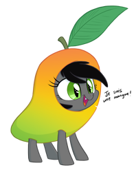 Size: 1000x1262 | Tagged: safe, artist:equestria-prevails, oc, oc only, oc:jasmine, species:bat pony, species:pony, clothing, costume, cute, fangs, female, filly, french, fruit, fruit bat, hnnng, mango, ocbetes, open mouth, simple background, smiling, solo, standing, transparent background