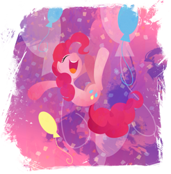 Size: 901x916 | Tagged: safe, artist:rariedash, part of a set, character:pinkie pie, species:earth pony, species:pony, balloon, cutie mark, cutie mark background, eyes closed, female, happy, hooves, lineless, mare, open mouth, solo, teeth