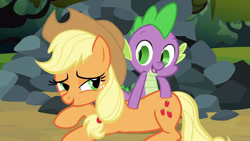 Size: 1920x1080 | Tagged: safe, artist:dtkraus, edit, screencap, character:applejack, character:spike, species:dragon, species:earth pony, species:pony, ship:applespike, episode:spike at your service, g4, my little pony: friendship is magic, bedroom eyes, deep muscle massage, female, hand on butt, male, mare, rock, shipping, straight, suggestive description, wat