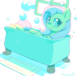 Size: 783x771 | Tagged: safe, artist:mewball, character:fluttershy, bath, bathtub, bubble, claw foot bathtub, female, looking at you, rug, smiling, solo, water, window