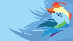 Size: 1920x1080 | Tagged: safe, artist:omniscient-duck, artist:rariedash, character:rainbow dash, species:pegasus, species:pony, blue background, bust, eyes closed, female, floppy ears, lineless, mare, minimalist, modern art, portrait, profile, simple background, solo, vector, wallpaper, windswept mane, wings