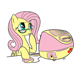 Size: 643x556 | Tagged: safe, artist:sorcerushorserus, artist:tommymocacci, character:fluttershy, species:pegasus, species:pony, apple, colored, computer, computer mouse, female, flutter thought, food, glasses, imac, imac g3, keyboard, looking up, macintosh, pondering, raised hoof, simple background, solo, white background