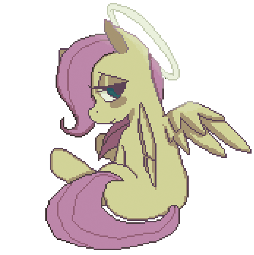 Size: 521x523 | Tagged: safe, artist:mewball, character:fluttershy, animated, female, filly, halo, lidded eyes, looking at you, looking back, pixel art, simple background, sitting, solo, spread wings, transparent background, wings, younger