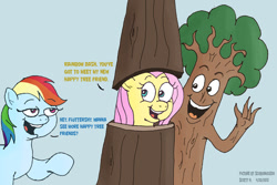 Size: 680x454 | Tagged: safe, artist:scobionicle99, character:fluttershy, character:rainbow dash, dialogue, fluttertree, literal happy tree friends, simple background, tree, tree costume