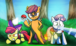 Size: 1485x910 | Tagged: safe, artist:anticular, character:apple bloom, character:scootaloo, character:sweetie belle, species:pegasus, species:pony, bipedal, bulbasaur, charmander, crossover, cutie mark crusaders, female, filly, no pupils, pokefied, pokémon, squirtle