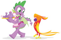 Size: 2900x1900 | Tagged: safe, artist:equestria-prevails, character:peewee, character:spike, species:dragon, species:phoenix, g4, apron, awesome in hindsight, clothing, duo, fangs, heartwarming in hindsight, hilarious in hindsight, looking back, male, mouth hold, naked apron, older, open mouth, peewee, simple background, smiling, tea, teacup, teapot, teenage spike, transparent background, walking, winged spike