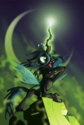 Size: 2160x3200 | Tagged: safe, artist:equestria-prevails, character:queen chrysalis, species:changeling, g4, badass, be prepared, changeling queen, crossover, female, high res, magic, moon, moonlight, open mouth, raised hoof, smiling, solo, standing, the lion king