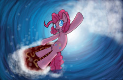 Size: 1024x663 | Tagged: safe, artist:ladyanidraws, character:pinkie pie, species:pony, bipedal, female, ocean, smiling, solo, summer, surfboard, surfing, wave, waving
