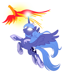 Size: 3100x3600 | Tagged: safe, artist:equestria-prevails, character:philomena, character:princess luna, species:alicorn, species:phoenix, species:pony, duo, female, flying, glowing eyes, glowing horn, high res, magic, mare, pet, s1 luna, simple background, transparent background, vector, white eyes