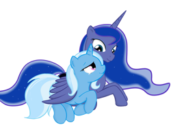 Size: 1000x818 | Tagged: safe, artist:theparagon, character:princess luna, character:trixie, species:alicorn, species:pony, species:unicorn, ship:luxie, g4, caring, crying, female, happy, lesbian, looking at each other, mare, prone, shipping, simple background, teary eyes, white background, wing blanket