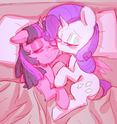Size: 664x707 | Tagged: safe, artist:mewball, character:rarity, character:twilight sparkle, character:twilight sparkle (alicorn), species:alicorn, species:pony, ship:rarilight, bed, cuddling, female, kissing, lesbian, mare, shipping, snuggling