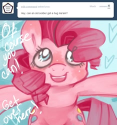 Size: 656x700 | Tagged: dead source, safe, artist:dhui, character:pinkie pie, ask tired pie, hug, tumblr