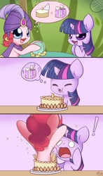 Size: 1000x1700 | Tagged: safe, artist:solar-slash, character:pinkie pie, character:twilight sparkle, episode:it's about time, g4, my little pony: friendship is magic, birthday, birthday cake, birthday present, cake, comic, dialogue, food, gypsy pie, pictogram, pinkie being pinkie, present, speech bubble, surprise cake, thought bubble