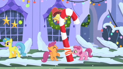 Size: 845x476 | Tagged: safe, artist:dtkraus, edit, screencap, character:lemon hearts, character:ruby pinch, character:scootaloo, species:pegasus, species:pony, species:unicorn, episode:hearth's warming eve, g4, my little pony: friendship is magic, 8 foot candy cane, a christmas story, candy cane, christmas wreath, eyes closed, female, filly, impossibly long tongue, licking, long tongue, mare, open mouth, raised hoof, sad, snow, stuck, tongue out, tongue stuck to pole, wat, wreath