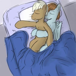 Size: 1280x1280 | Tagged: safe, artist:fuzebox, character:chip mint, character:lickety split, character:rain catcher, species:pony, background pony, bed, blanket, colt, cuddling, cute, gay, male, pillow, shipping, sketch, sleeping, snuggling, spooning, teenager