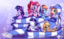 Size: 2548x1575 | Tagged: safe, artist:solar-slash, character:applejack, character:fluttershy, character:pinkie pie, character:rainbow dash, character:rarity, character:twilight sparkle, clothing, cute, mane six, one eye closed, scarf, shared clothing, shared scarf, tiny, tiny ponies, wink