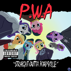 Size: 3900x3900 | Tagged: safe, artist:template93, character:applejack, character:fluttershy, character:pinkie pie, character:rainbow dash, character:rarity, character:twilight sparkle, album cover, commission, crossover, gun, high res, mane six, nwa, ponified, ponified album cover, rap, semi-anthro, weapon