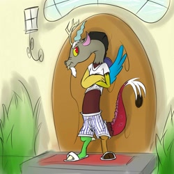 Size: 1280x1280 | Tagged: safe, artist:fuzebox, character:discord, species:draconequus, adorasexy, boxers, clothing, cute, discord is not amused, discute, fluttershy's cottage, frown, looking at you, male, morning, sandals, sexy, shirt, shorts, solo, standing, stupid sexy discord, t-shirt, unamused, underwear