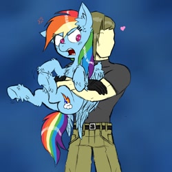 Size: 850x850 | Tagged: safe, artist:ichibangravity, character:rainbow dash, oc, oc:anon, species:human, species:pony, angry, chest fluff, ear fluff, fluffy, frown, glare, heart, holding a pony, hug, no face, open mouth, tsunderainbow, tsundere, underhoof, unshorn fetlocks