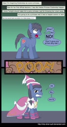 Size: 2000x3771 | Tagged: safe, artist:mlp-silver-quill, oc, oc only, oc:clutterstep, angry, bow, braid, clothing, comments, crossdressing, dress, glare, gritted teeth, looking at you, metahumor, open mouth, princess, princess hat, solo, wide eyes
