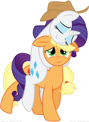 Size: 3500x4800 | Tagged: safe, artist:mewball, artist:yanoda, character:applejack, character:rarity, species:earth pony, species:pony, species:unicorn, ship:rarijack, absurd resolution, accessory swap, clothing, cowboy hat, cute, eyes closed, female, floppy ears, hat, hug, lesbian, mare, ponies riding ponies, riding, shipping, simple background, smiling, stetson, transparent background
