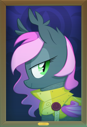 Size: 1000x1454 | Tagged: safe, artist:equestria-prevails, oc, oc only, oc:heartbeat, species:bat pony, species:pony, armor, frame, picture frame, portrait, profile, purity seal, solo