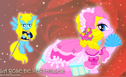 Size: 2032x1240 | Tagged: safe, artist:jucamovi1992, clothing, dress, marie antoinette, oscar françois de jarjayes, ponified, sword, the rose of versailles, weapon