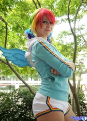 Size: 1478x2048 | Tagged: safe, artist:burloire, artist:rose0fmay, character:rainbow dash, species:human, clothing, cosplay, irl, irl human, photo, shorts, solo, wings