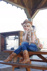 Size: 1366x2048 | Tagged: safe, artist:rose0fmay, character:applejack, species:human, clothing, cosplay, irl, irl human, jeans, photo, sitting, solo