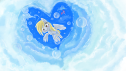 Size: 1920x1080 | Tagged: safe, artist:hierozaki, character:derpy hooves, character:pinkie pie, species:pegasus, species:pony, balloon, blushing, bubble, cloud, cloudy, female, floating, flying, heart, mare, sky, smiling, then watch her balloons lift her up to the sky, vertigo