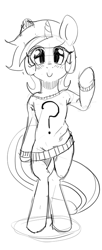 Size: 331x810 | Tagged: safe, artist:mewball, character:lyra heartstrings, species:pony, bipedal, clothing, female, grayscale, monochrome, shirt, solo, sweater