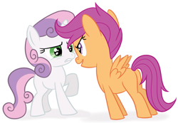 Size: 838x579 | Tagged: safe, artist:sorcerushorserus, character:scootaloo, character:sweetie belle, species:pegasus, species:pony, species:unicorn, duo, duo female, female, filly, simple background, staring contest, white background