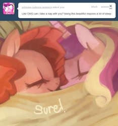Size: 654x700 | Tagged: dead source, safe, artist:dhui, character:pinkie pie, character:princess cadance, ask tired pie, bed, cadancepie, female, infidelity, lesbian, nap, shipping, sleeping