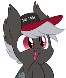 Size: 622x729 | Tagged: safe, artist:equestria-prevails, oc, oc only, oc:heartburn, species:bat pony, species:pony, baseball cap, bat pony oc, clothing, cute, cute little fangs, edgy, fangs, happy, hat, open mouth, simple background, smiling, solo, tongue out, top gun hat, transparent background