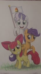 Size: 1728x3072 | Tagged: safe, artist:thefriendlyelephant, character:apple bloom, character:scootaloo, character:sweetie belle, species:pegasus, species:pony, candy corn, cutie mark crusaders, object on drawing, photo, traditional art